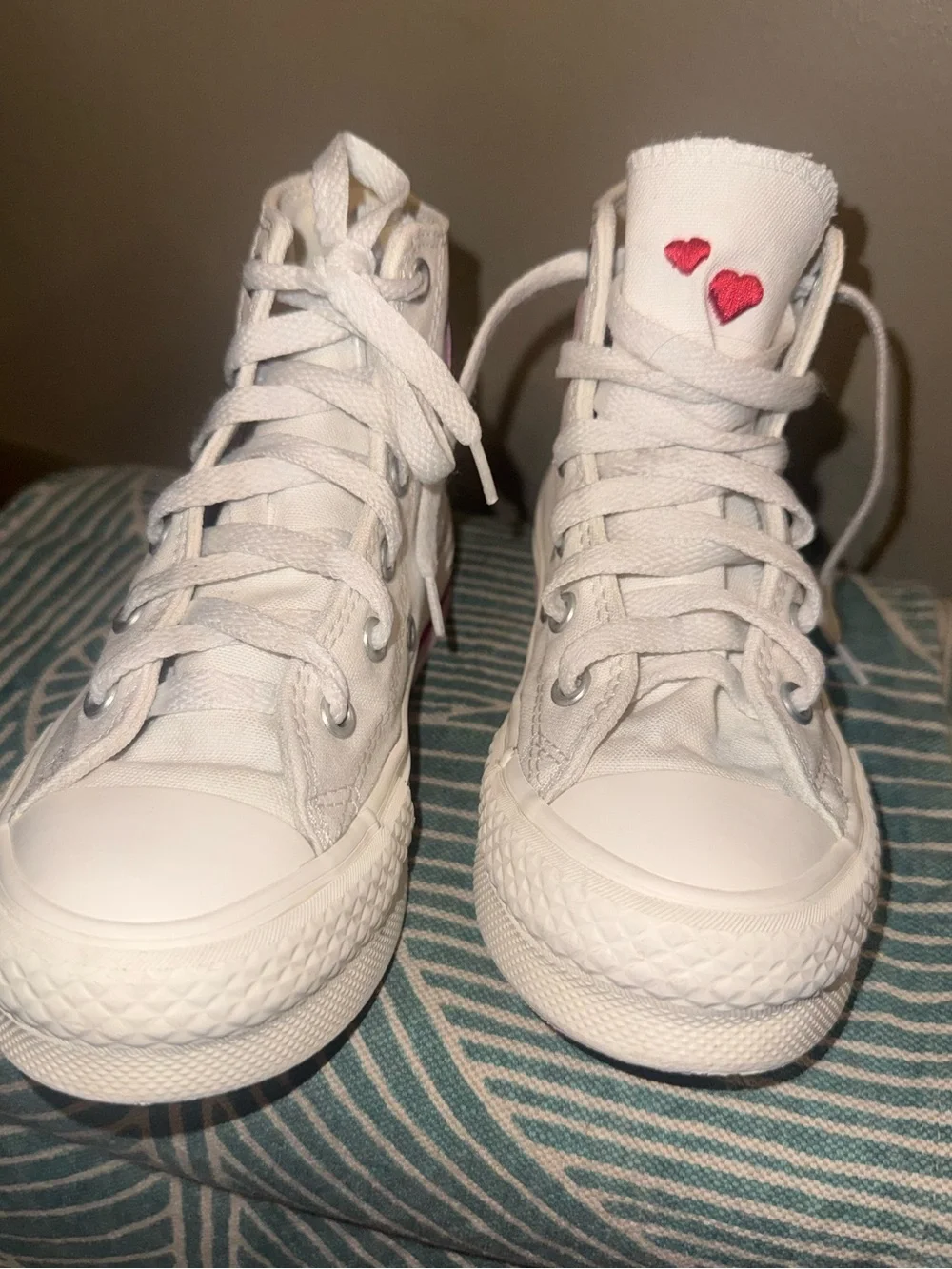 Converse Kids White High Top Sneakers with Red Heart and Pink & Red Stripes